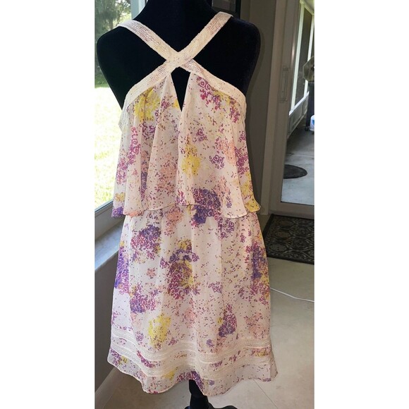 GUESS Sz 8 Crisscross Halter KeyHole Layered Ruffle Pastel Romantic Flowy Beachy - Picture 1 of 7